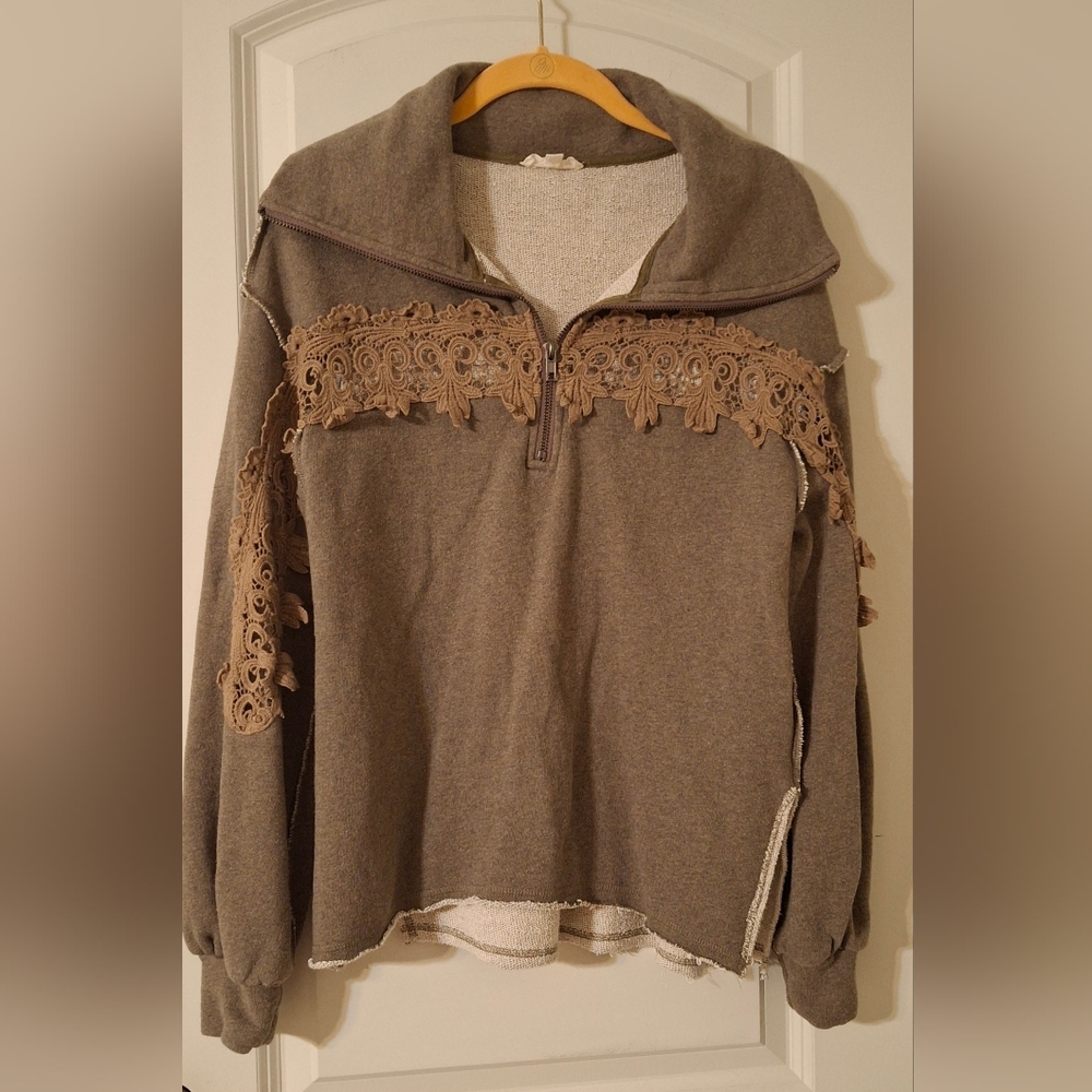Oddy womens tunic shirt M/Lsweater lace‎ zipper up boho western country grunge